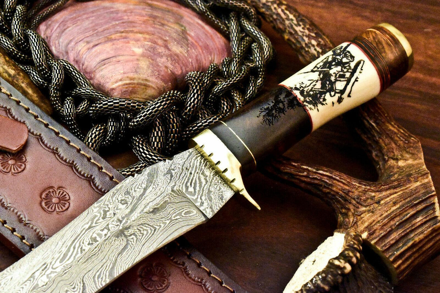 12" Damascus Bowie Knife | Laser Etched Blade & Camel Bone Handle with Leather Sheath