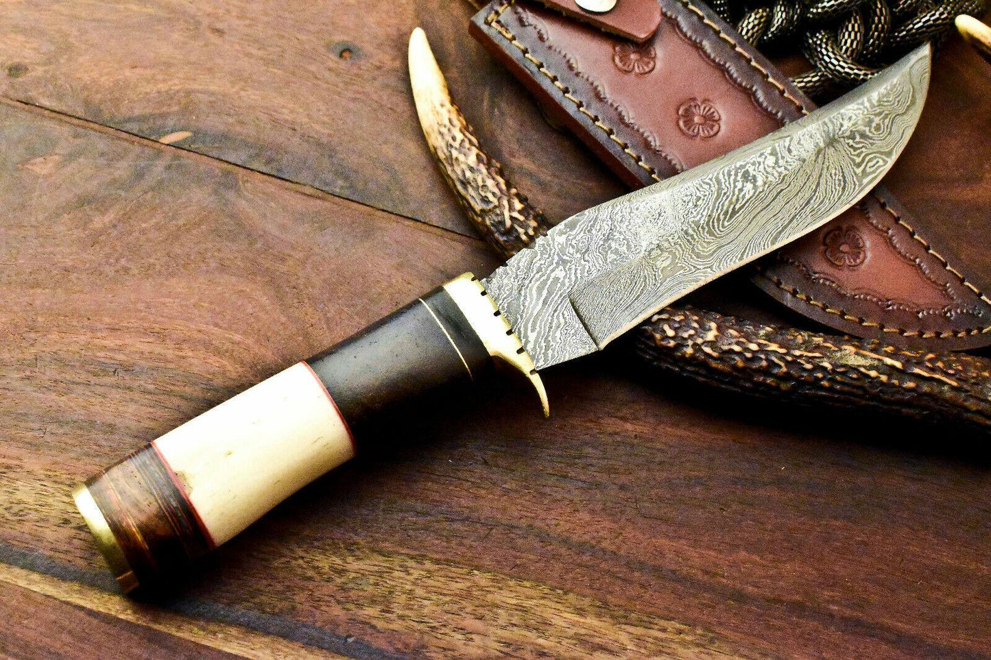 12" Damascus Bowie Knife | Laser Etched Blade & Camel Bone Handle with Leather Sheath
