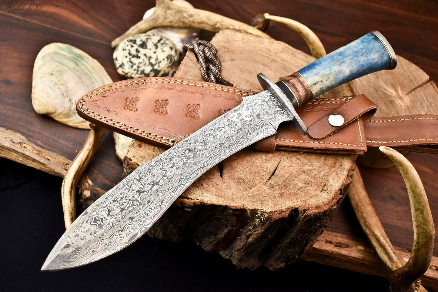 15 Inch Handmade Damascus Steel Bowie Knife with Camel Bone Handle