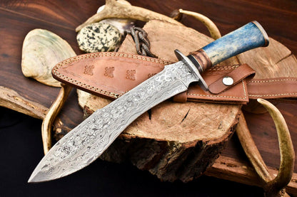15 Inch Handmade Damascus Steel Bowie Knife with Camel Bone Handle