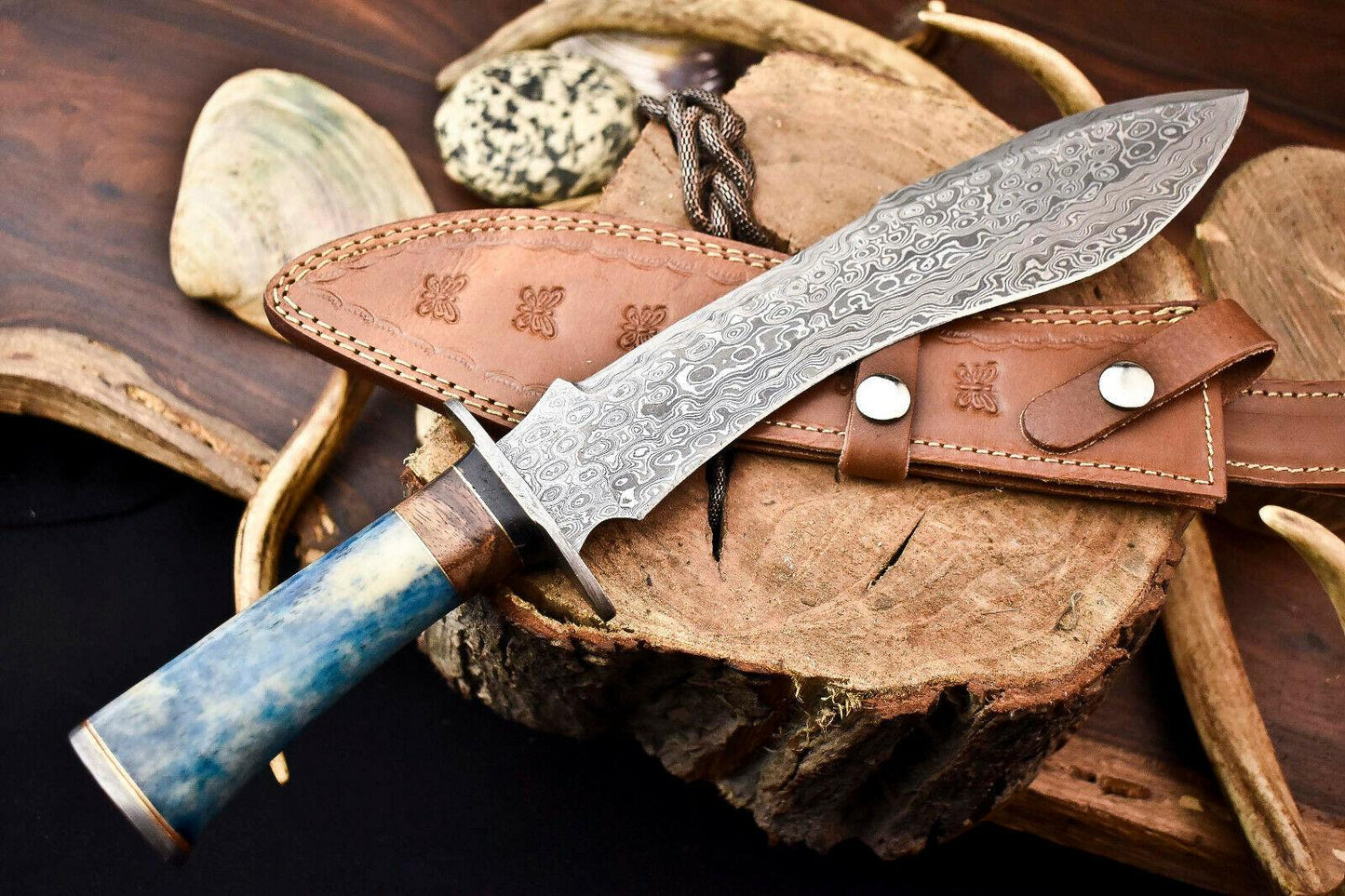 15 Inch Handmade Damascus Steel Bowie Knife with Camel Bone Handle
