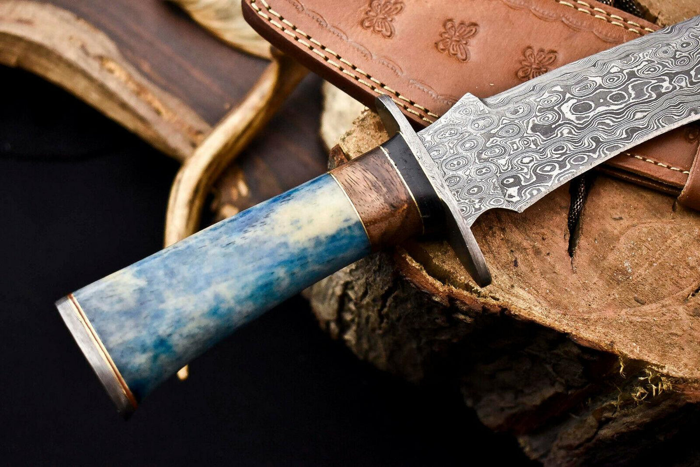 15 Inch Handmade Damascus Steel Bowie Knife with Camel Bone Handle