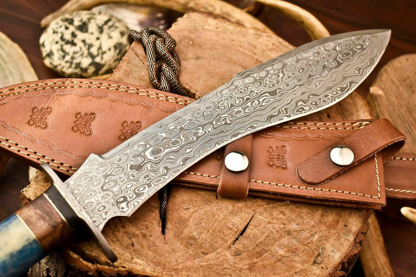 15 Inch Handmade Damascus Steel Bowie Knife with Camel Bone Handle