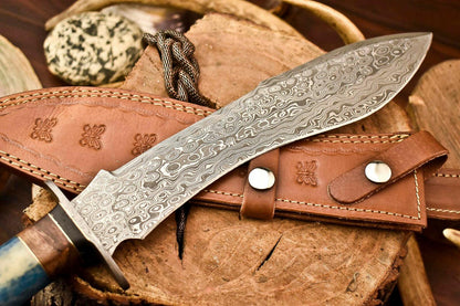 15 Inch Handmade Damascus Steel Bowie Knife with Camel Bone Handle