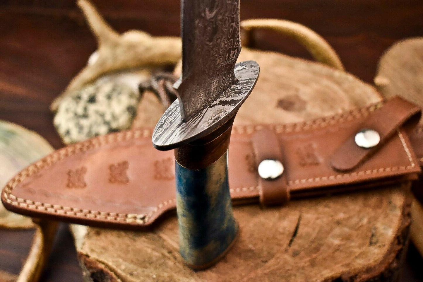 15 Inch Handmade Damascus Steel Bowie Knife with Camel Bone Handle