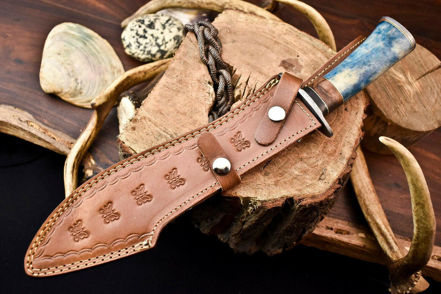 15 Inch Handmade Damascus Steel Bowie Knife with Camel Bone Handle