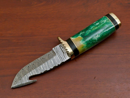 8" Damascus Gut Hook Bowie Knife with Stained Bone & Pakka Wood Handle