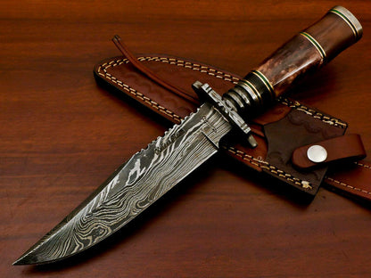12" Handmade Damascus Steel Bowie Knife – Stained Camel Bone & Bull Horn Handle