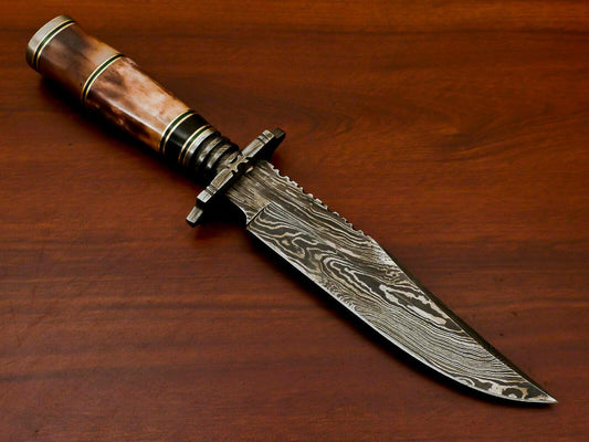 12" Handmade Damascus Steel Bowie Knife – Stained Camel Bone & Bull Horn Handle