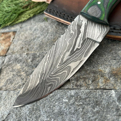 9 Inch Damascus Steel EDC Bowie Knife with Wood Handle and Leather Sheath