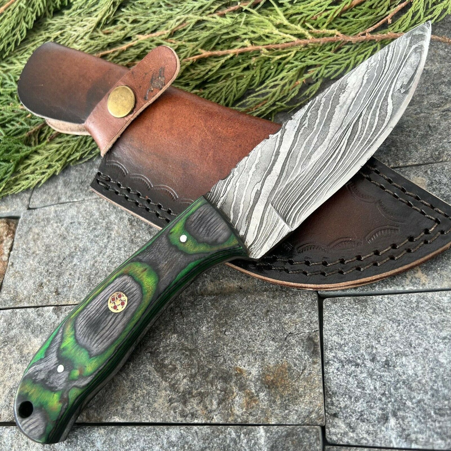 9 Inch Damascus Steel EDC Bowie Knife with Wood Handle and Leather Sheath