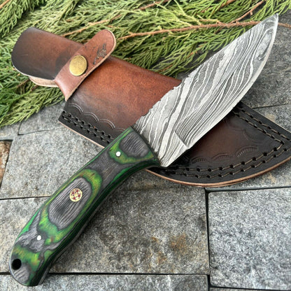 9 Inch Damascus Steel EDC Bowie Knife with Wood Handle and Leather Sheath