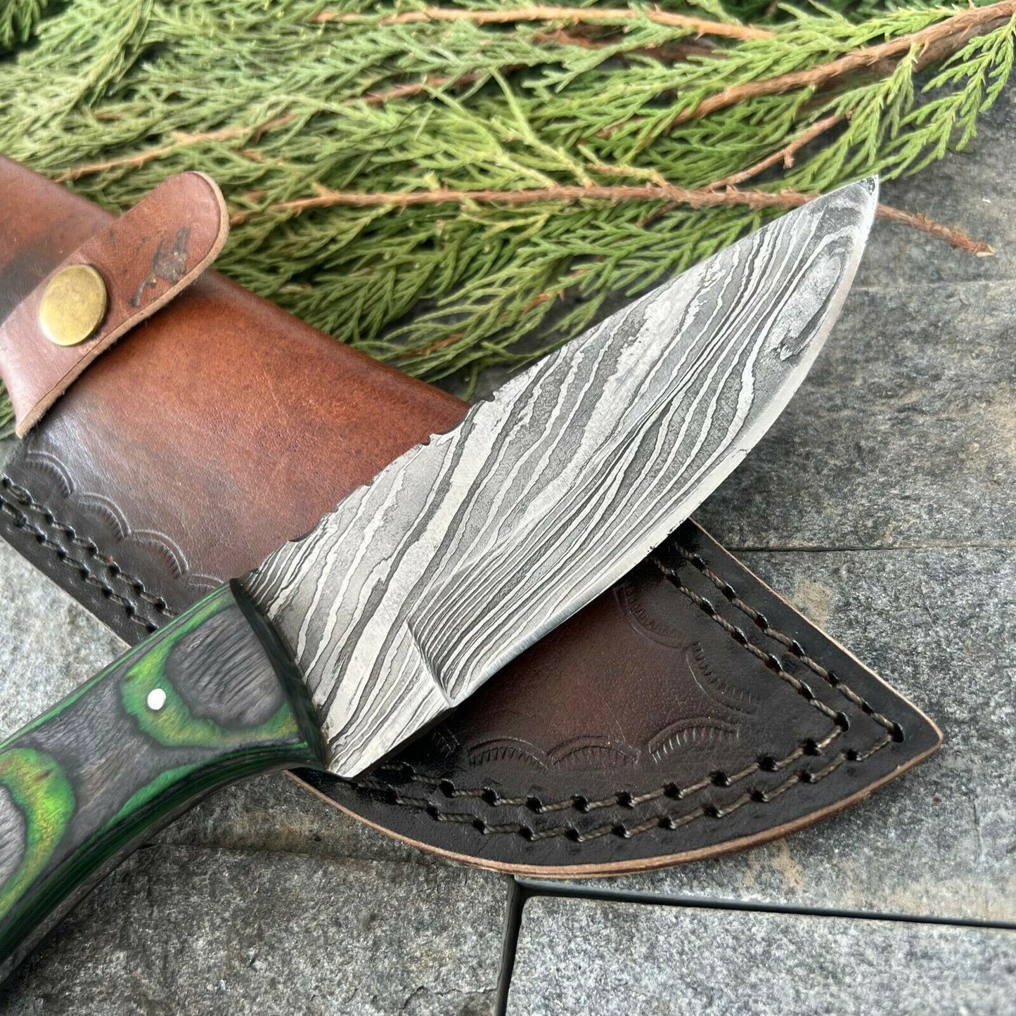 9 Inch Damascus Steel EDC Bowie Knife with Wood Handle and Leather Sheath