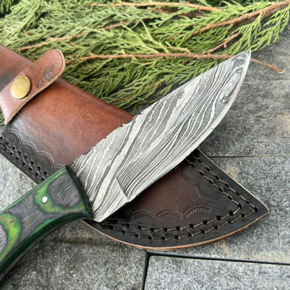 9 Inch Damascus Steel EDC Bowie Knife with Wood Handle and Leather Sheath