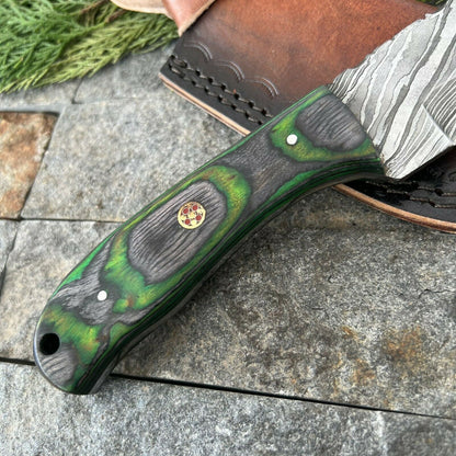9 Inch Damascus Steel EDC Bowie Knife with Wood Handle and Leather Sheath