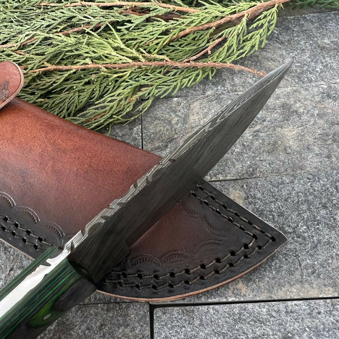 9 Inch Damascus Steel EDC Bowie Knife with Wood Handle and Leather Sheath