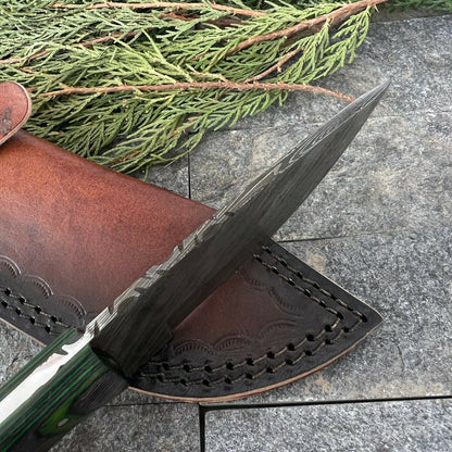 9 Inch Damascus Steel EDC Bowie Knife with Wood Handle and Leather Sheath