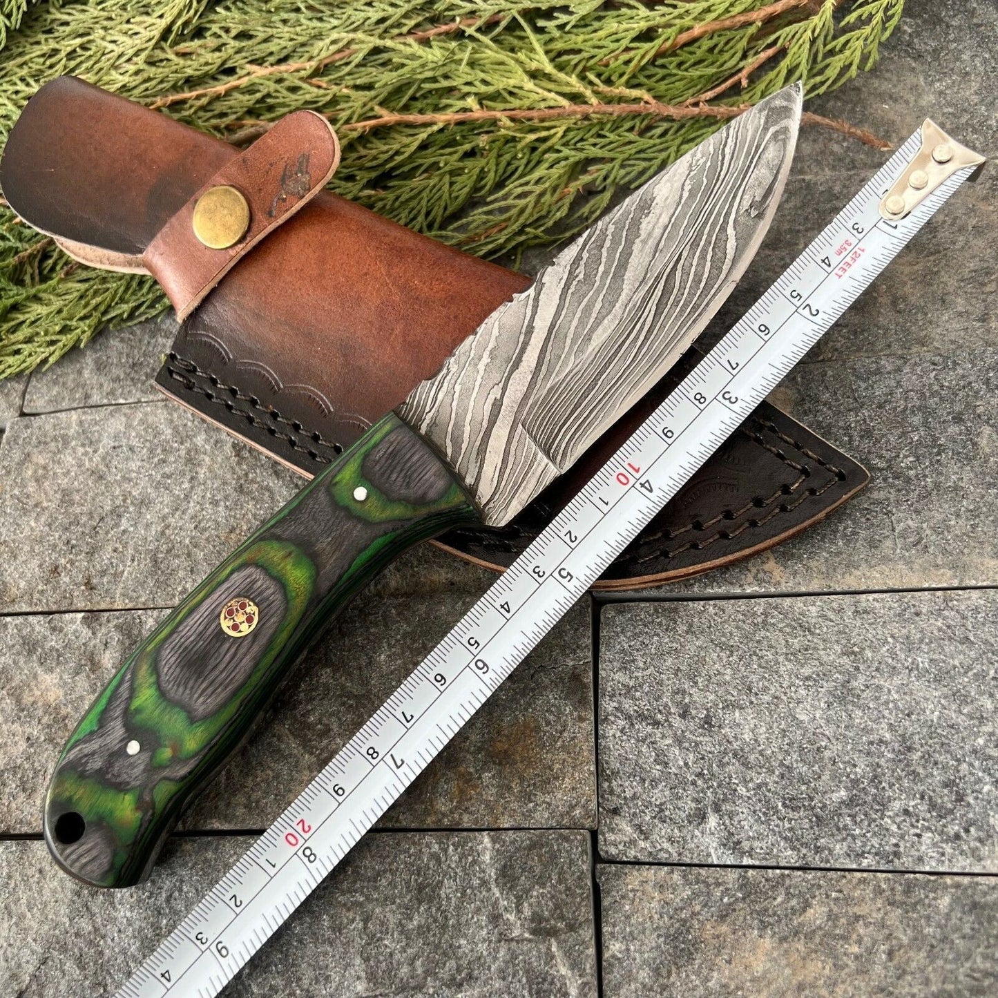 9 Inch Damascus Steel EDC Bowie Knife with Wood Handle and Leather Sheath