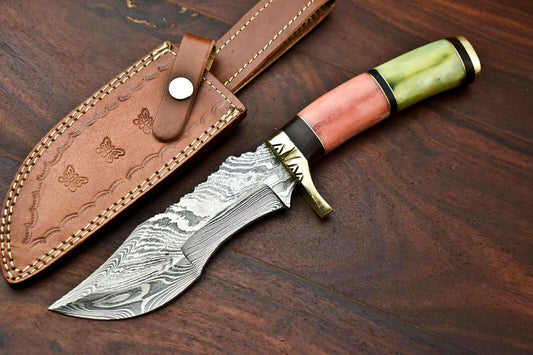 12" Custom Damascus Bowie Knife Damascus Steel Knife with Camel Bone Handle & Sheath