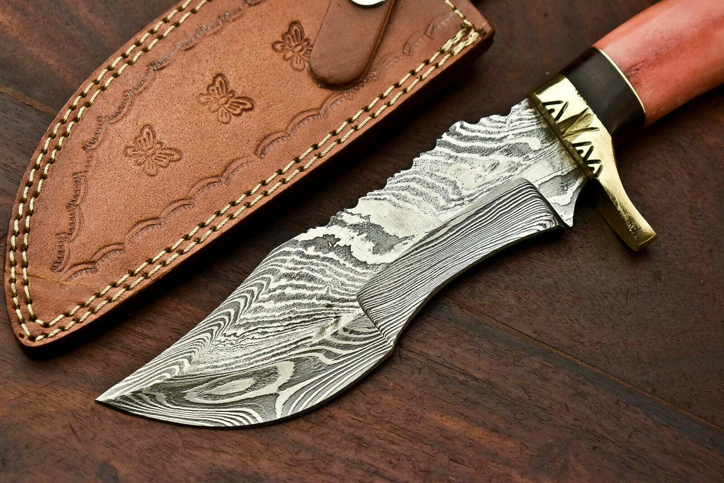 12" Handmade Damascus Bowie Knife | Camel Bone Handle & Leather Sheath