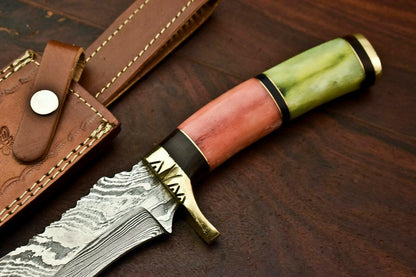 12" Handmade Damascus Bowie Knife | Camel Bone Handle & Leather Sheath