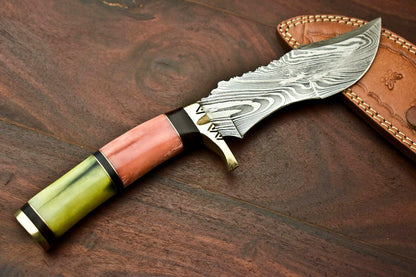 12" Handmade Damascus Bowie Knife | Camel Bone Handle & Leather Sheath