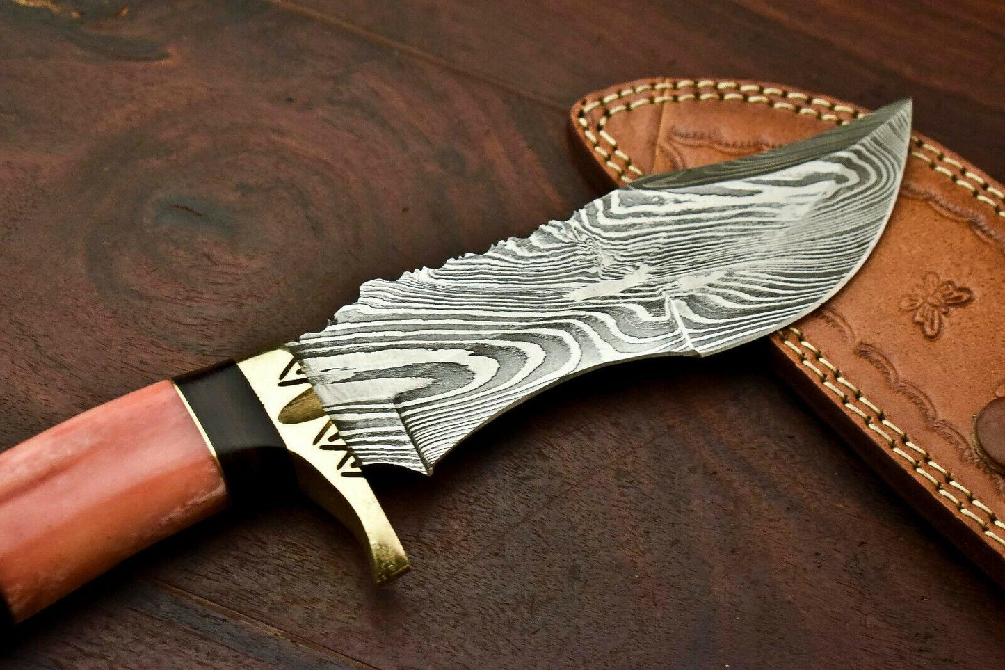 12" Handmade Damascus Bowie Knife | Camel Bone Handle & Leather Sheath