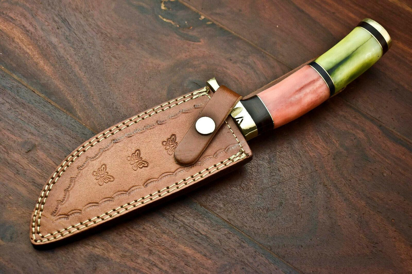 12" Handmade Damascus Bowie Knife | Camel Bone Handle & Leather Sheath