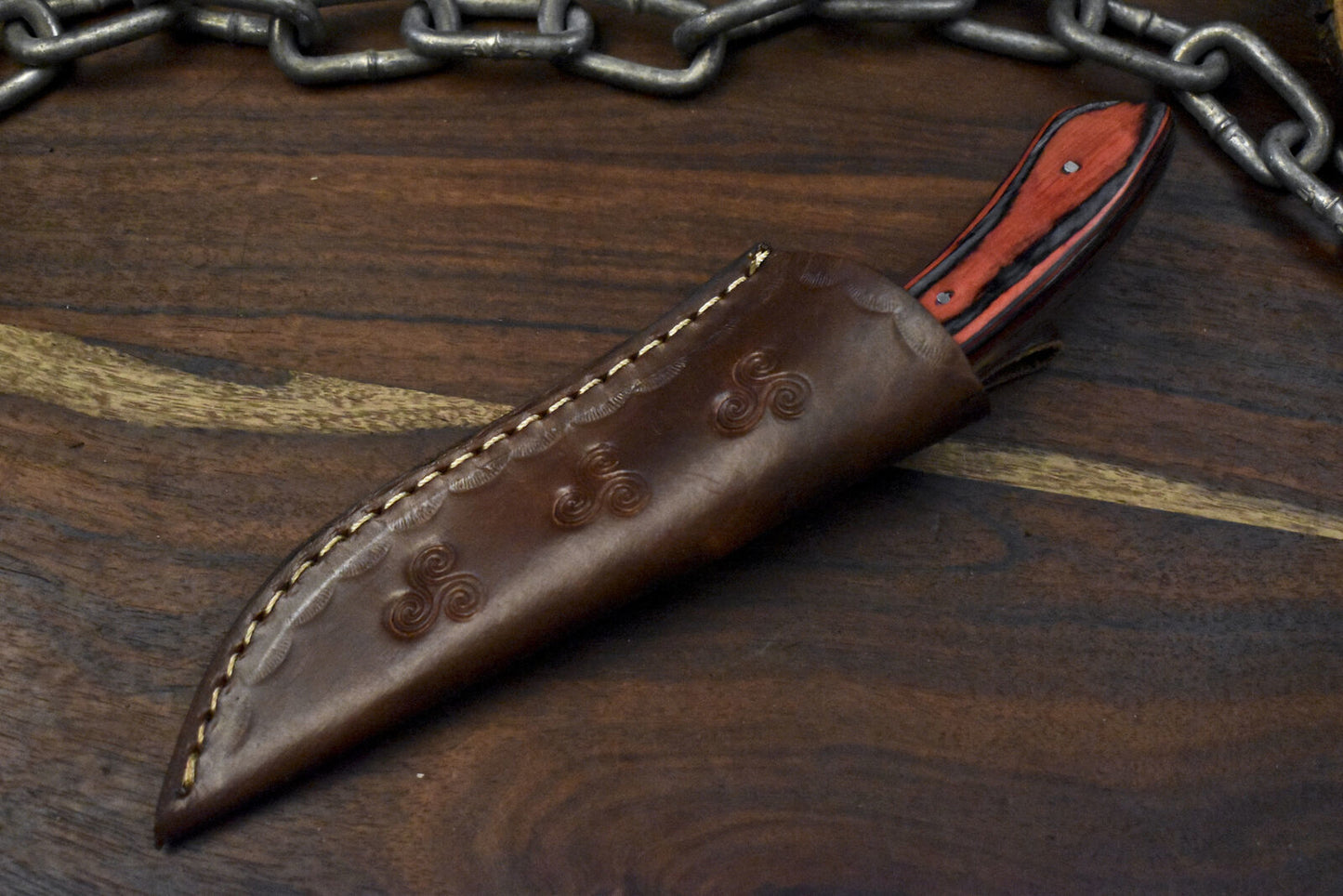 8.0" Twist Damascus Skinner Knife Hardwood Handle Wooden Bolster Gift Knife