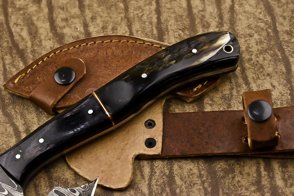 Hand Forged Damascus Steel Ram's Horn Hunting Clever Chopper Axe Knife with Leather Sheath