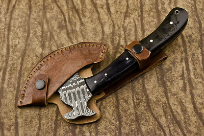 Hand Forged Damascus Steel Ram's Horn Hunting Clever Chopper Axe Knife with Leather Sheath