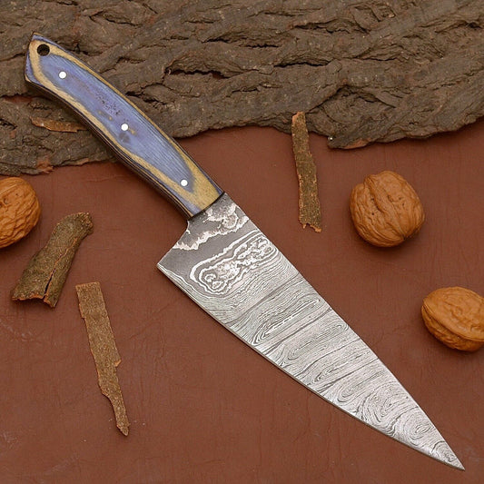 Handmade Damascus Steel Chef Knife | 12" Full Tang Kitchen Knife with Wood Handle & Leather Sheath