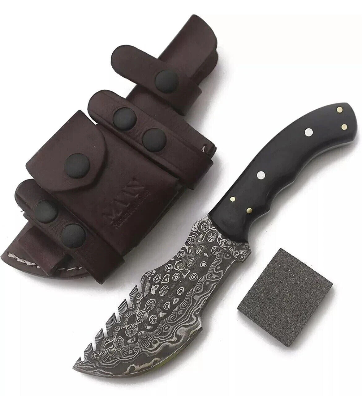 Handmade Damascus Tracker Knife – 10" Full Tang Hunting, Survival, Bushcraft & Camping Knife with Wood Handle & Leather Sheath