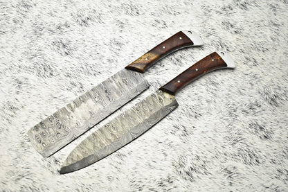 Set of 2 Handmade Damascus Steel Chef Knives | Full Tang Kitchen Cutlery Set