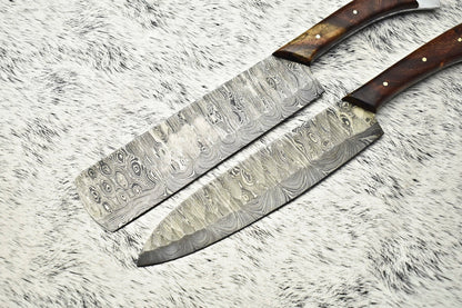 Set of 2 Handmade Damascus Steel Chef Knives | Full Tang Kitchen Cutlery Set