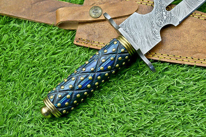 14 Inch Handmade Damascus Steel Hunting Dagger Knife with Hardwood Handle and Sheath