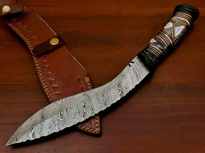 14.5" Handmade Damascus Khukri Bowie Knife – Engraved Bone & Pakka Wood