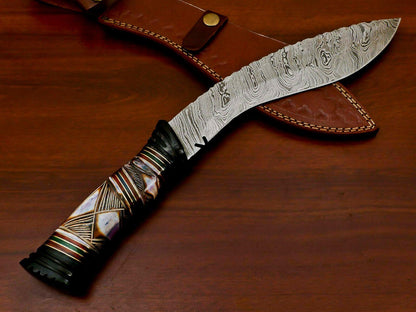 14.5" Handmade Damascus Khukri Bowie Knife – Engraved Bone & Pakka Wood