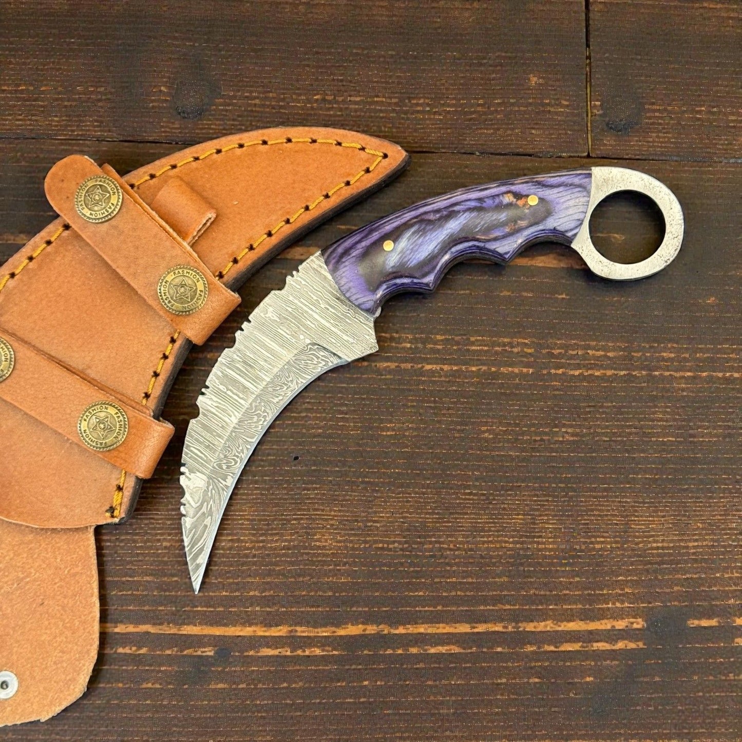 7.25" Damascus Karambit Damascus Steel Karambit Drop Point Hunting Knife With Wood Handle