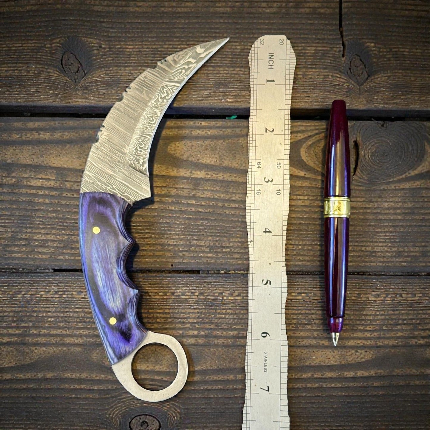 7.25" Damascus Karambit Damascus Steel Karambit Drop Point Hunting Knife With Wood Handle