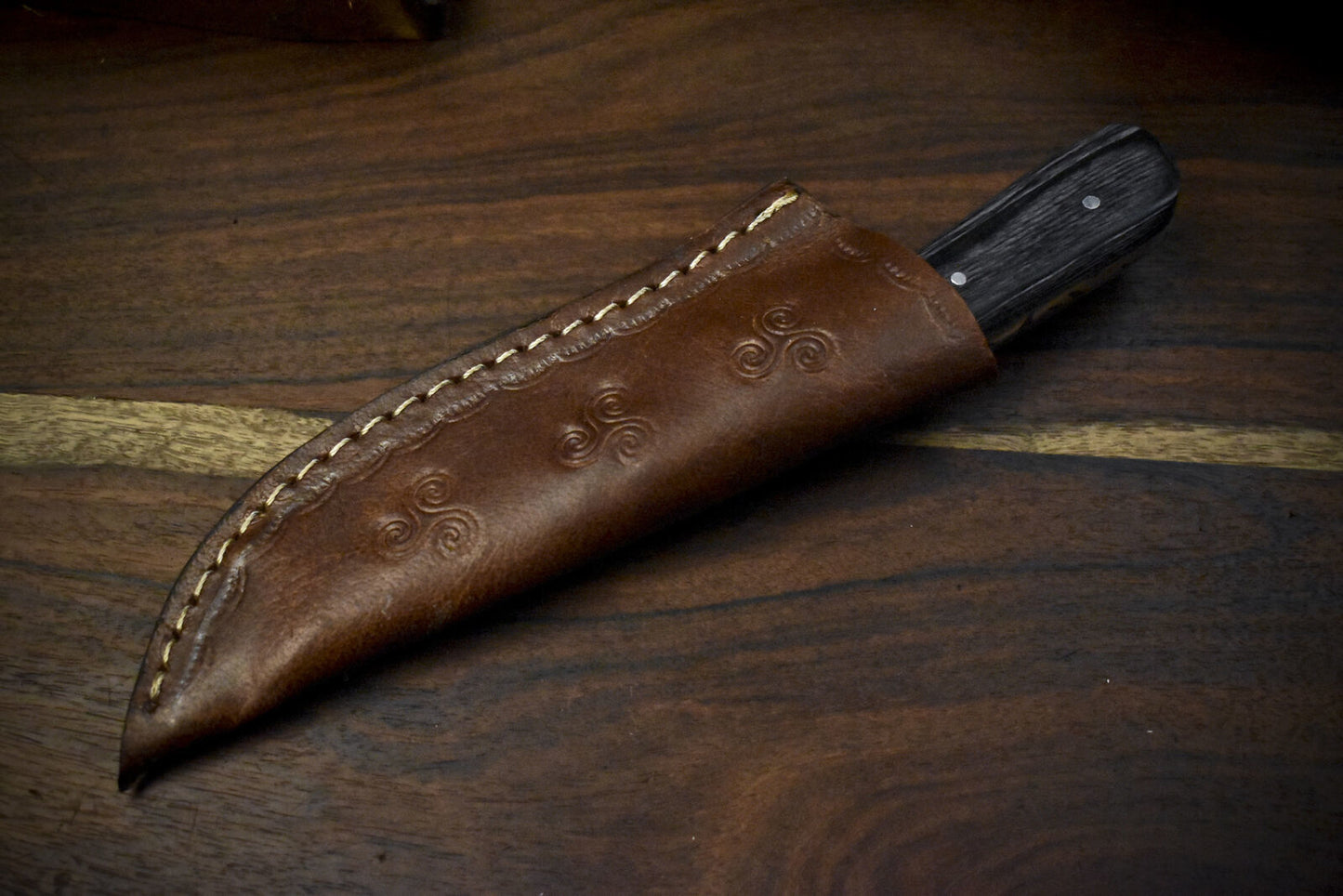7.5" Twist Damascus Skinner Knife Hardwood Handle Wooden Bolster Custom Hunting Knife