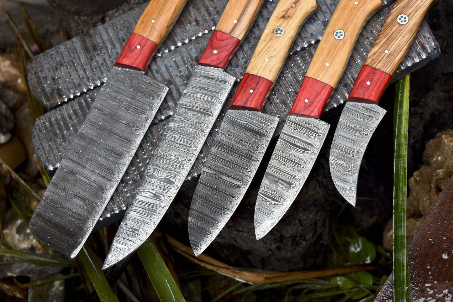 Handmade Damascus Chef Knife Set of 5 – Ash Wood Handle with Wooden Bolster – Camping & Kitchen Rare