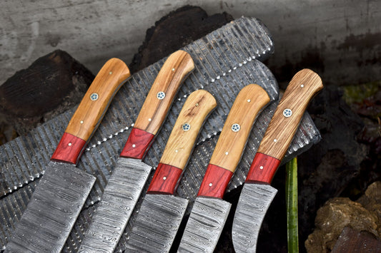 Handmade Damascus Chef Knife Set of 5 – Ash Wood Handle with Wooden Bolster – Camping & Kitchen Rare
