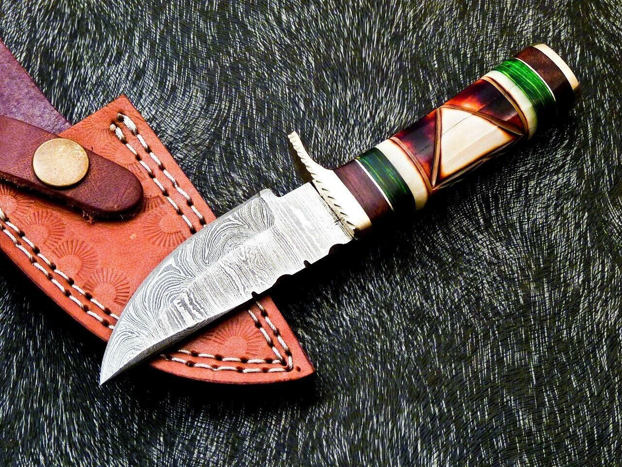 6" Compact Damascus Bowie Knife – Engraved Camel Bone & Hardwood Handle
