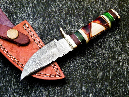 6" Compact Damascus Bowie Knife – Engraved Camel Bone & Hardwood Handle