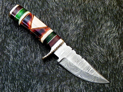 6" Compact Damascus Bowie Knife – Engraved Camel Bone & Hardwood Handle