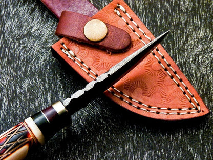 6" Compact Damascus Bowie Knife – Engraved Camel Bone & Hardwood Handle