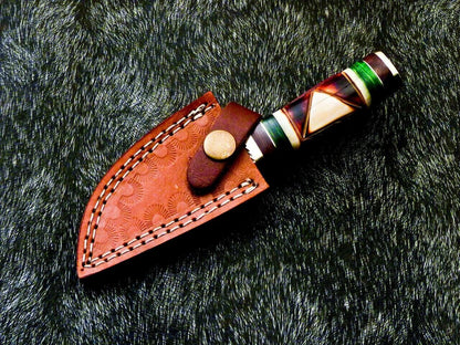 6" Compact Damascus Bowie Knife – Engraved Camel Bone & Hardwood Handle