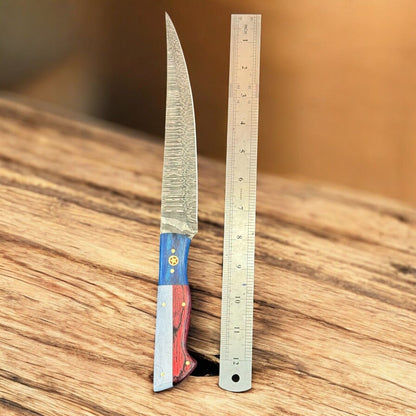 13" Damascus Steel Kitchen Knife Damascus Filleting Knife & Custom Fillet Knife W/Sheath