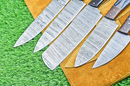 5-Piece Custom Handmade Damascus Steel Chef Knife Set with Wood Handles & Sheath